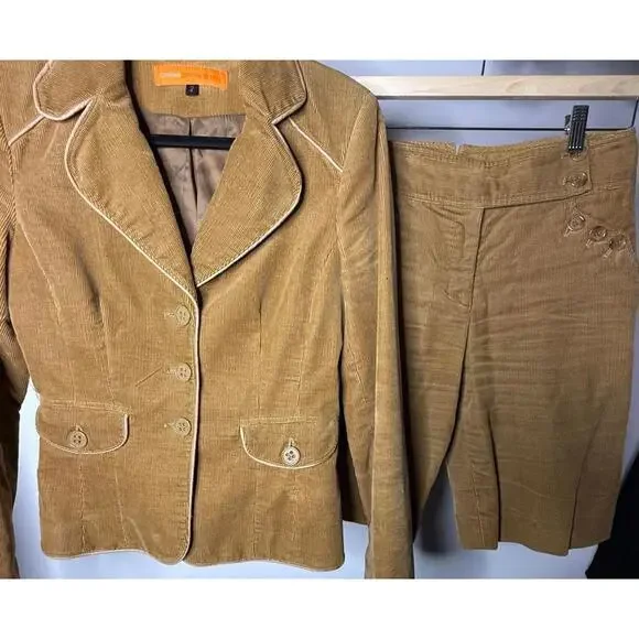 Vintage Cynthia Steffe Womens Tan Corduroy Blazer Matching Shorts Set - Size 2 - Picture 2 of 12